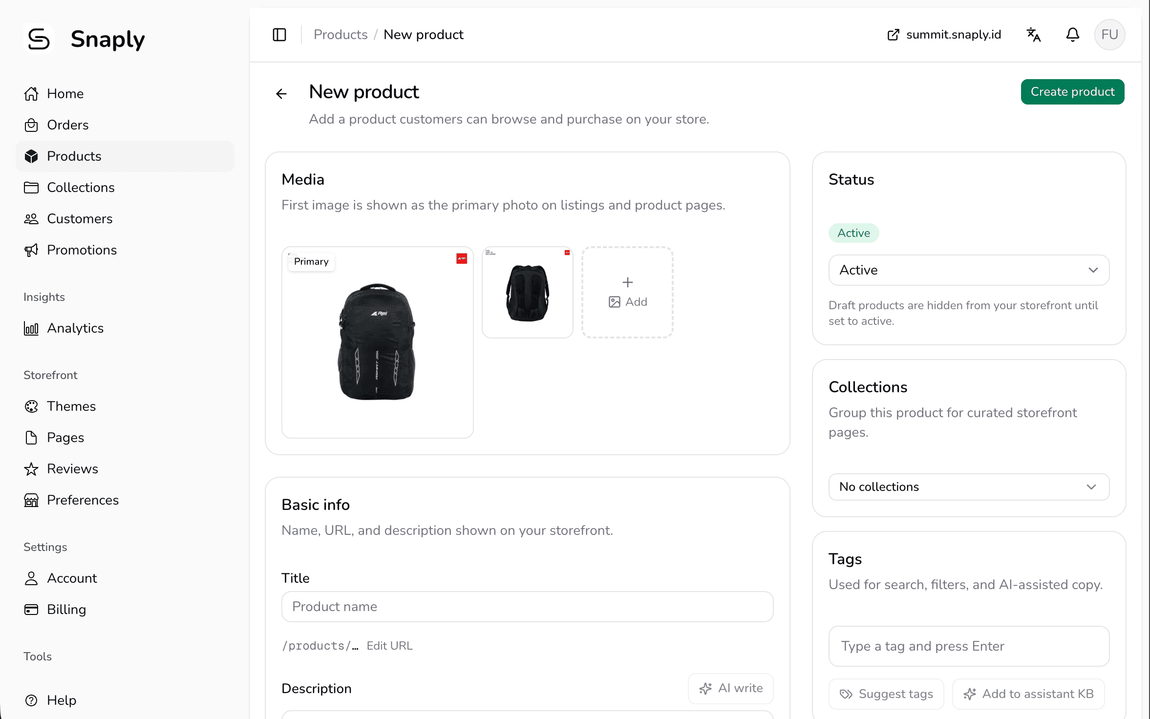 Product editor with variant builder