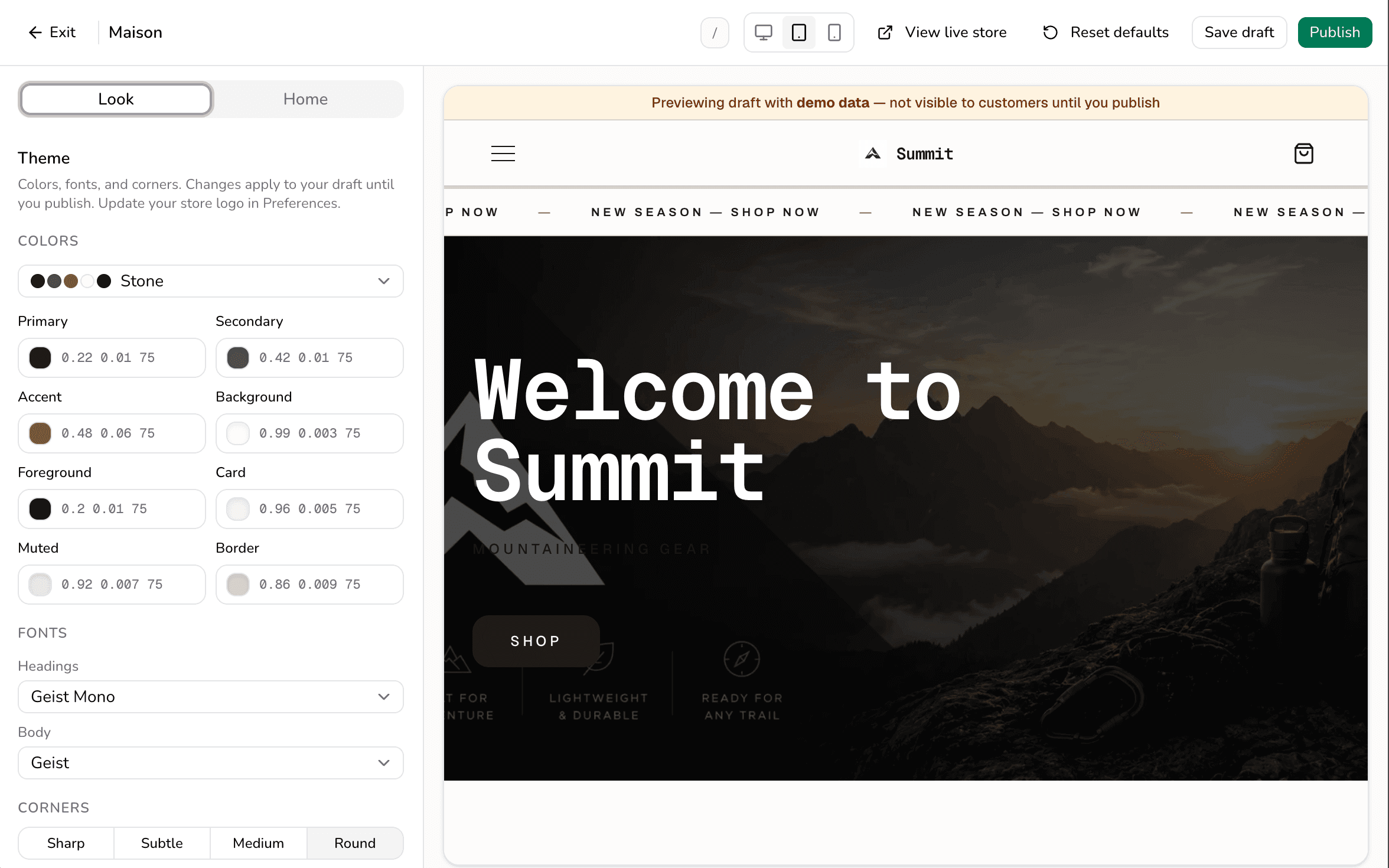 Theme customization with live preview